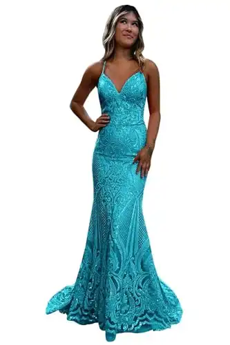 Toreque Sparkle Sequin Lace Prom Dresses Long Tight Party Gown Sexy Backless Bodycon A Line Formal Cocktail Dress for Women Blue US16