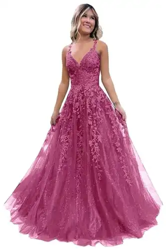 HEBEOS Lace Appliques Prom Dresses with Split for Women Long Sparkly Fuchsia Tulle Spaghetti Straps A Line Prom Dress for Teens 2024 US08