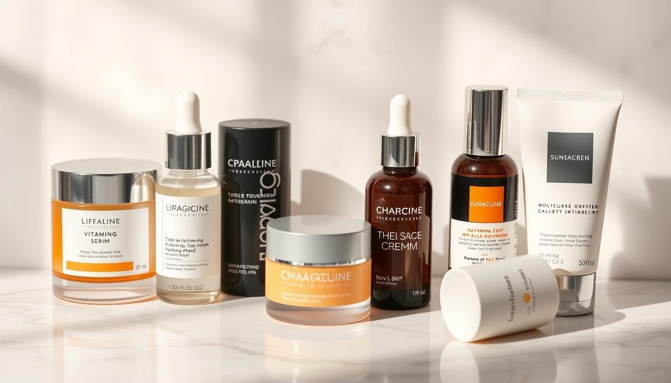 A beautifully lit close-up photograph of an assortment of high-end anti-aging skincare products for summer, including moisturizer, serum, eye cream, and sunscreen, artfully arranged on a white marble background. The products feature sleek, minimalist packaging and natural ingredients like vitamin C, hyaluronic acid, and SPF. The lighting is soft and diffused, creating a serene, luxurious atmosphere that accentuates the products' premium quality and effectiveness for mature skin. The overall composition is elegant, highlighting the essential summer skin care essentials for an age-defying glow.
