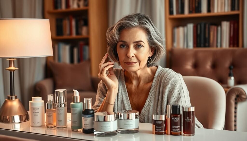 A cozy, softly lit vanity table with an array of high-end skincare products arranged neatly. A mature woman's hands gently patting a rich, nourishing face cream into her freshly cleansed skin. Soft, diffused lighting from a dimmable lamp creates a soothing, tranquil ambiance. In the background, a plush, velvet armchair and a bookshelf filled with wellness volumes set the scene for an evening of self-care. The woman's expression is one of calm focus, her features glowing with the after-effects of her carefully curated routine. Elegant, sophisticated, and indulgent - a scene that encapsulates the essence of repairing daily summer damage through an evening skincare ritual.